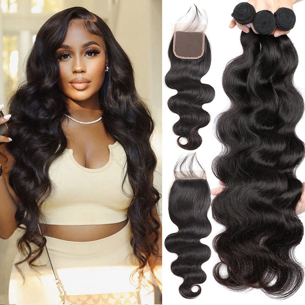 Human Hair Bundles with Closure (22 24 26+20,Free Part) Body Wave Bundles with Lace Closure Brazilian Human Hair Weave Bundles with Closure Virgin Hair Weft 150% Density Natural Color Find Your New Look Today!