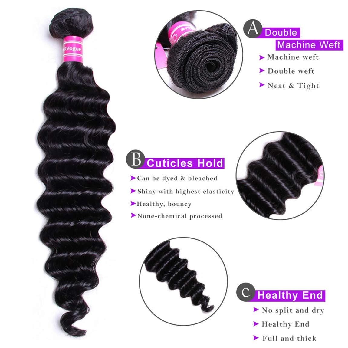 VRVOGUE (18" 20" 22 ) Deep Wave Brazilian Human Hair Bundles with Lace Closure 16 Inch Free Part 4x4 (Natural Black-330g/Lot-130% Density) 100% Unprocessed Virgin Brazilain Human Weave Hiar Extensions