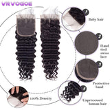 VRVOGUE (18" 20" 22 ) Deep Wave Brazilian Human Hair Bundles with Lace Closure 16 Inch Free Part 4x4 (Natural Black-330g/Lot-130% Density) 100% Unprocessed Virgin Brazilain Human Weave Hiar Extensions