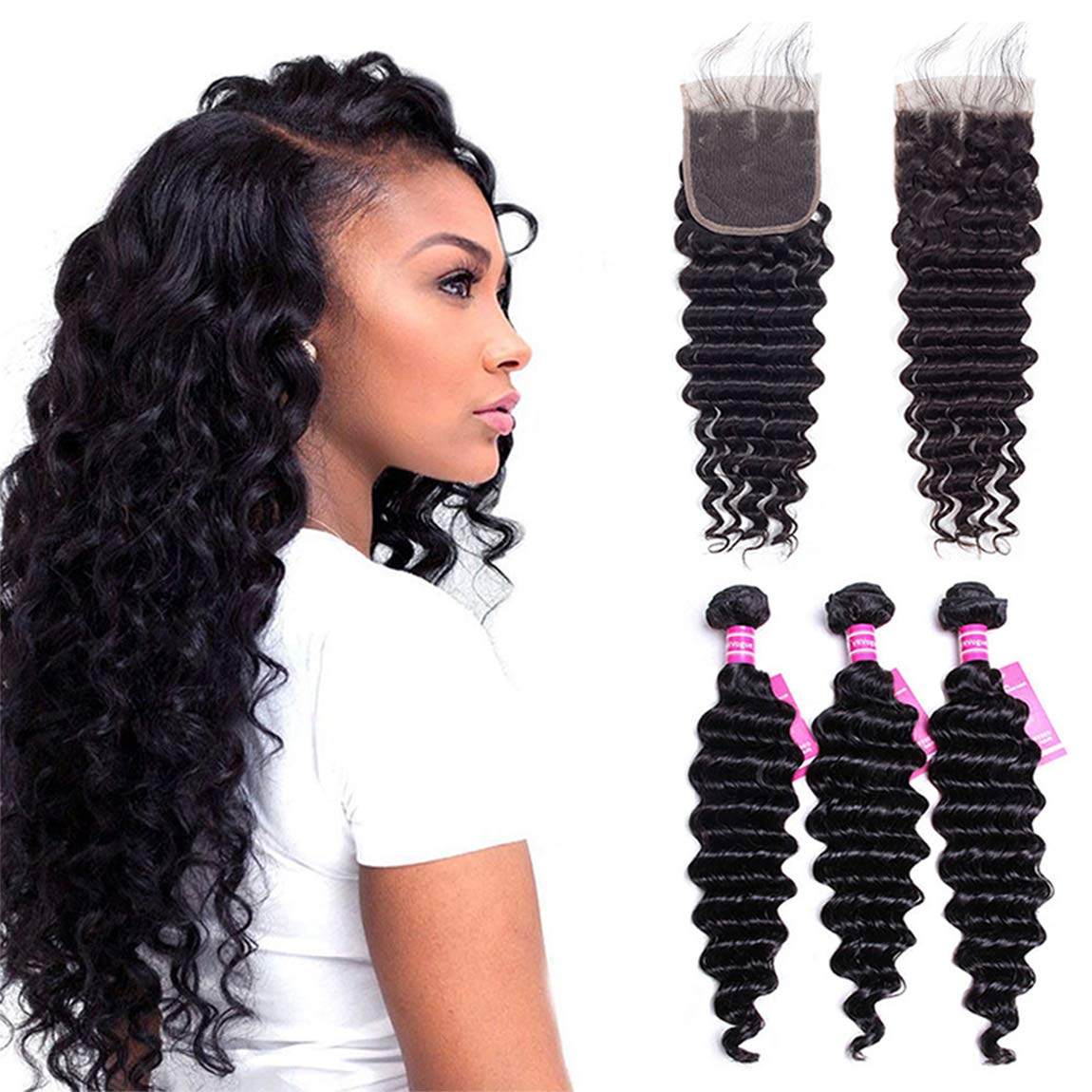 VRVOGUE (18" 20" 22 ) Deep Wave Brazilian Human Hair Bundles with Lace Closure 16 Inch Free Part 4x4 (Natural Black-330g/Lot-130% Density) 100% Unprocessed Virgin Brazilain Human Weave Hiar Extensions