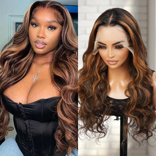 UpScale 100% Human Hair Glueless Pre Plucked 13x4 Lace Frontal Wig Balayage Blonde Highlight Body Wave 24"