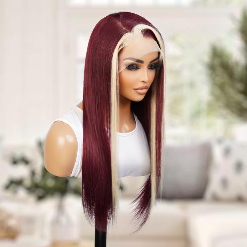 UpScale 100% Human Hair Glueless Pre Plucked 13x4 Lace Frontal Wig Redwine Blonde Skunk Stripe Straight 20"