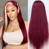 UpScale 100% Human Hair Glueless Pre Plucked 13x4 Lace Frontal Wig Redwine Blonde Skunk Stripe Straight 20"