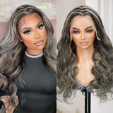 UpScale 100% Human Hair Glueless Pre Plucked 13x4 Lace Frontal Wig Silver Gray Highlight Body Wave 24"