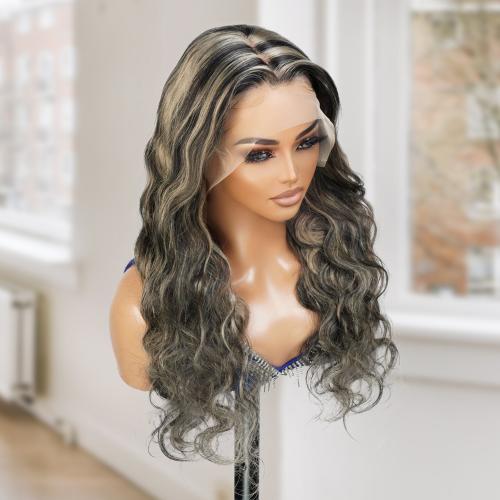 UpScale 100% Human Hair Glueless Pre Plucked 13x4 Lace Frontal Wig Silver Gray Highlight Body Wave 24"