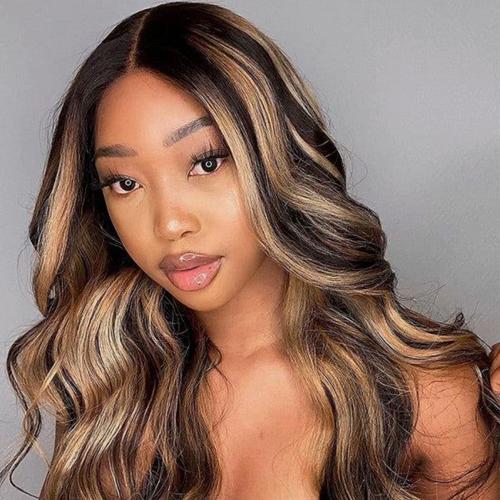 UpScale 100% Human Hair Glueless Pre Plucked 13x4 Lace Frontal Wig Balayage Blonde Highlight Body Wave 24"