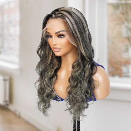 UpScale 100% Human Hair Glueless Pre Plucked 13x4 Lace Frontal Wig Silver Gray Highlight Body Wave 24"