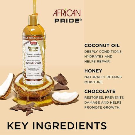 African Pride Moisture Miracle Honey & Chocolate & Coconut Oil Repair & Replenish Conditioner 16oz Find Your New Look Today!