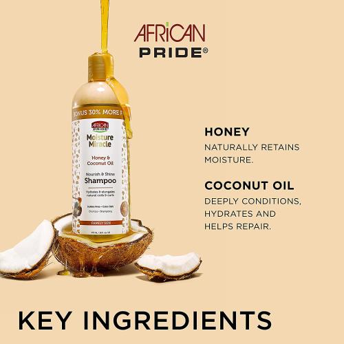 African Pride Moisture Miracle Honey & Coconut Oil Nourish & Shine Shampoo 16oz Find Your New Look Today!