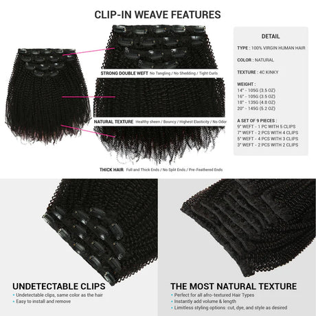 Instant Fab Human Hair Clip-In Extensions Natural 4C Kinky Curl Find Your New Look Today!